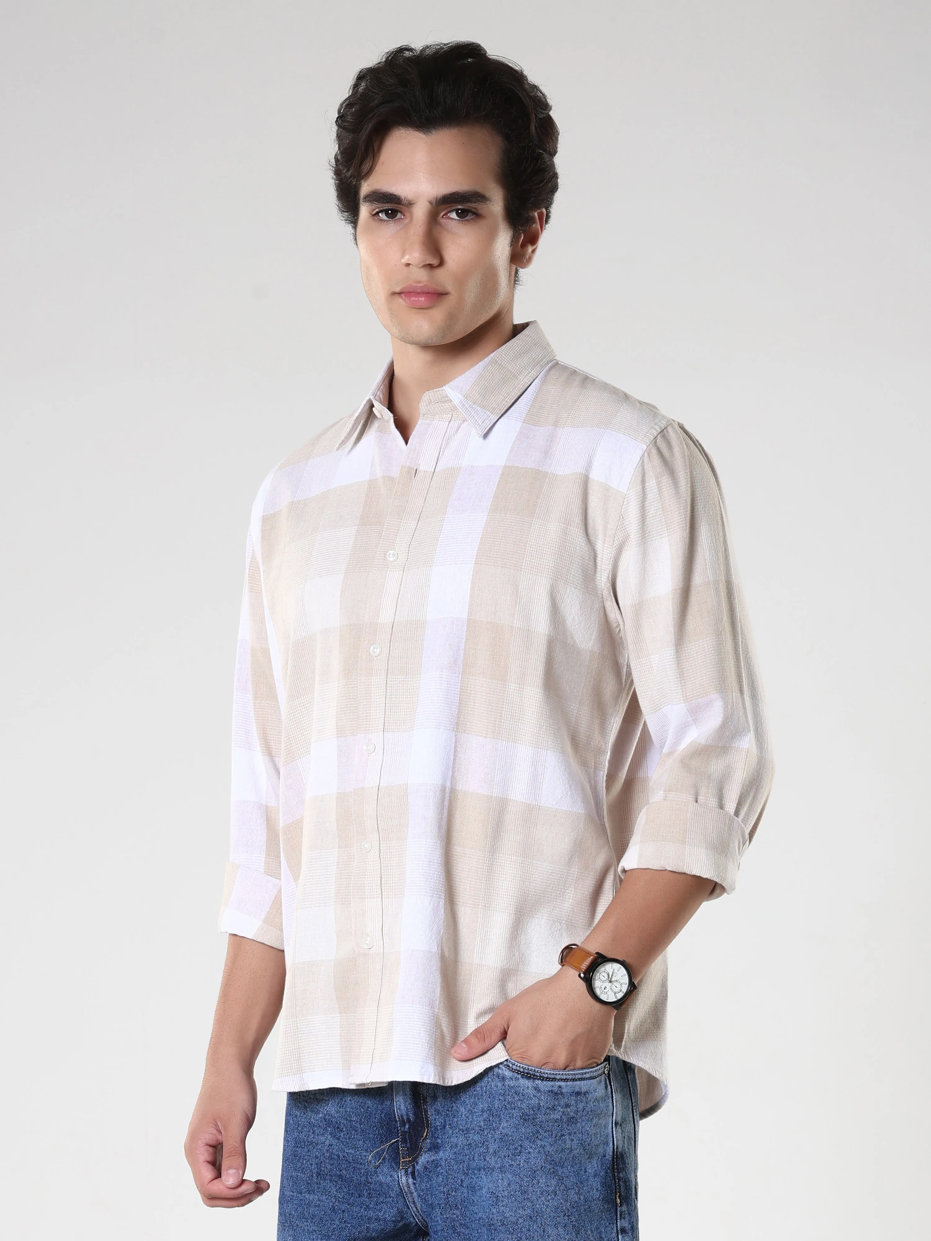 Amabel - Checkered Regular fit Shirt - Beige