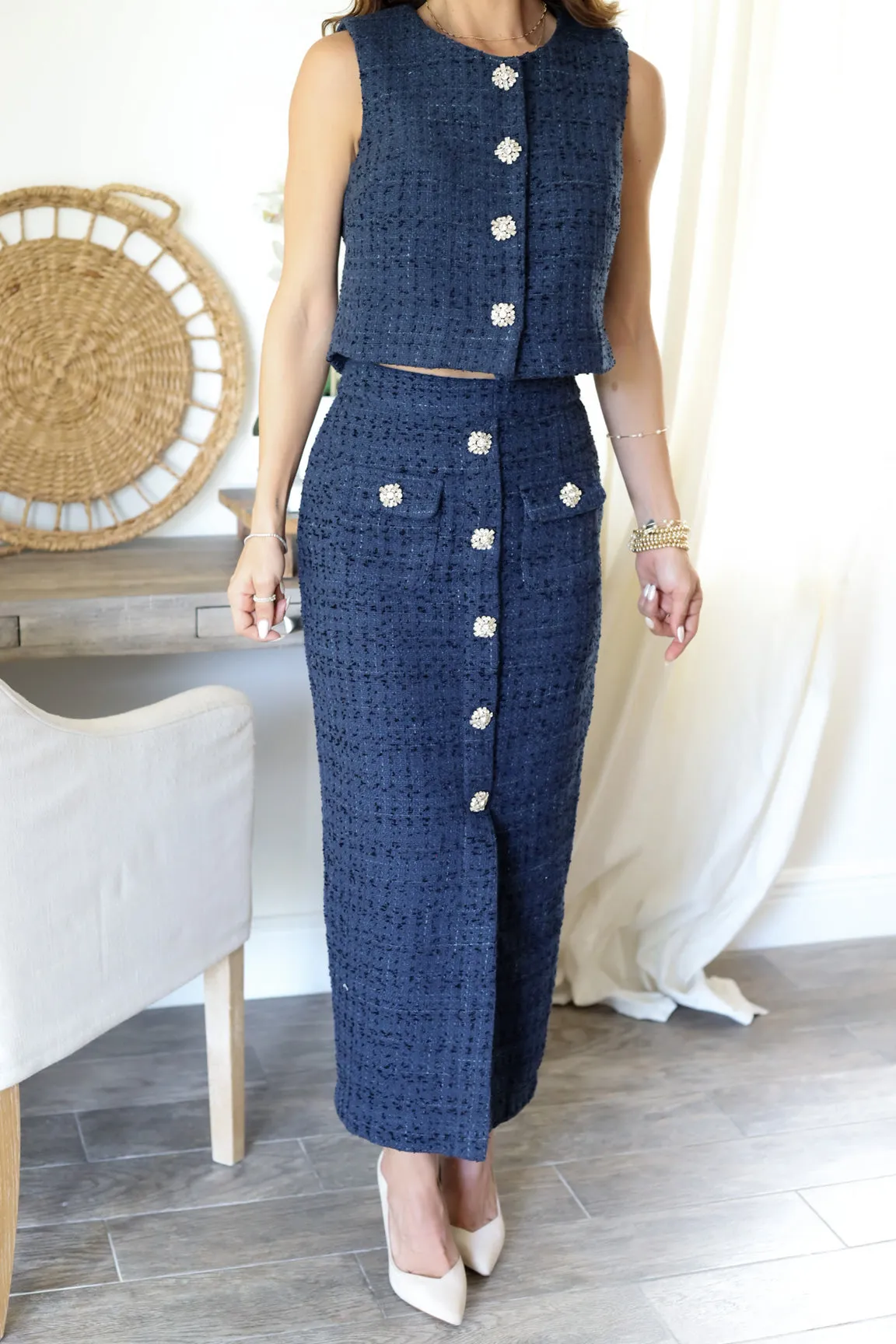 Bradshaw Tweed Crop & Skirt Set - Navy