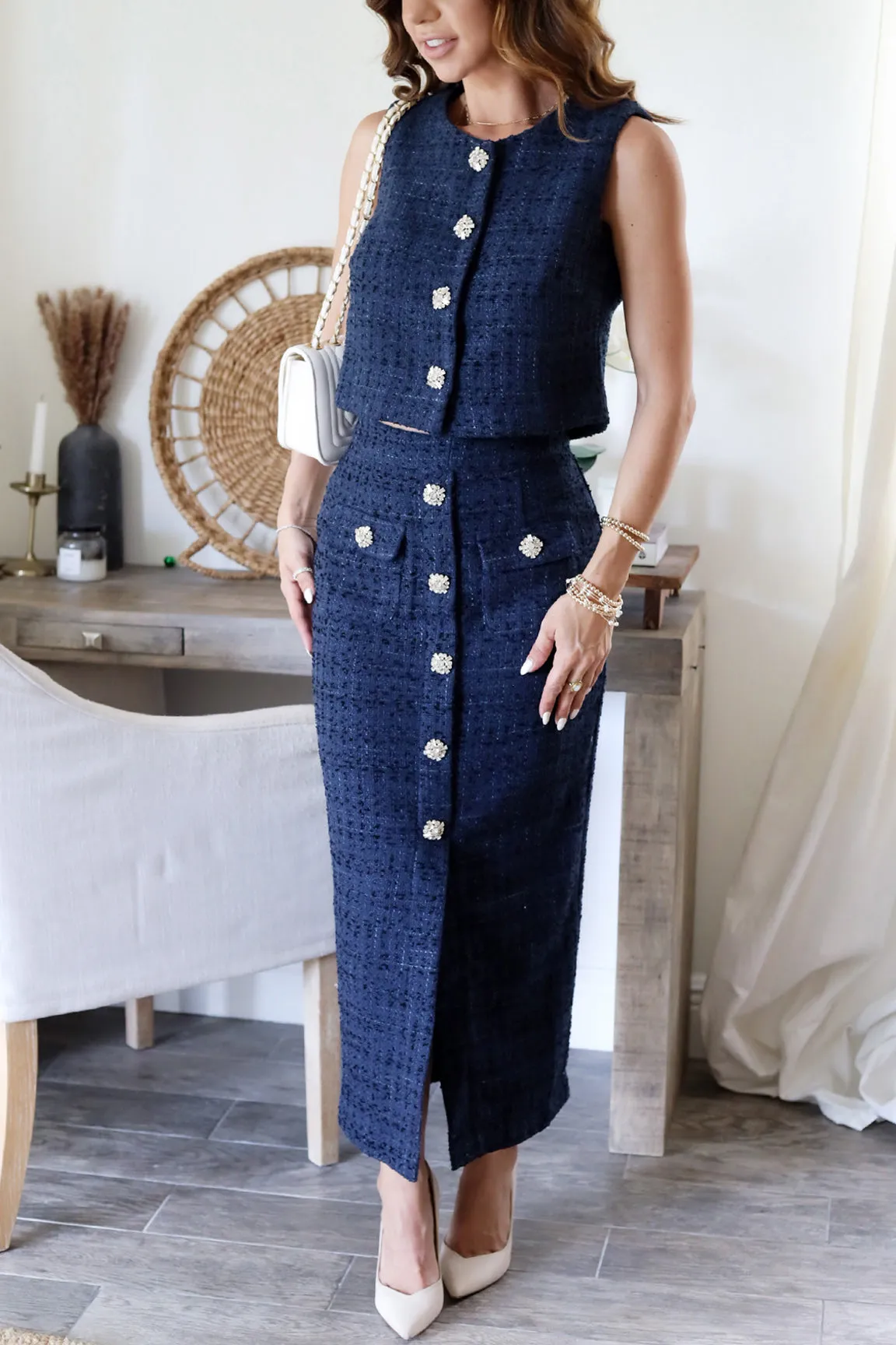 Bradshaw Tweed Crop & Skirt Set - Navy