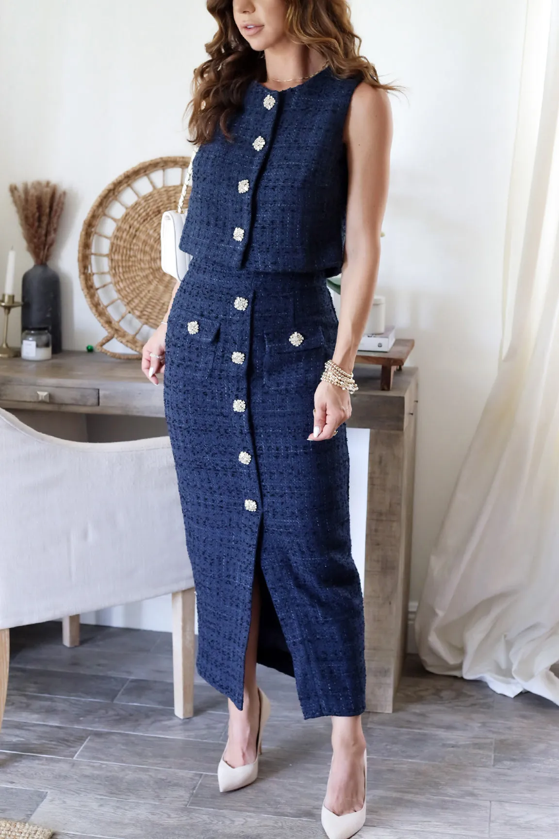 Bradshaw Tweed Crop & Skirt Set - Navy