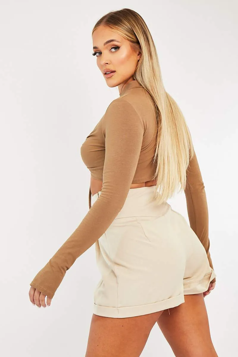 Camel Chest Cut Out High Neck Crop Top - Kara