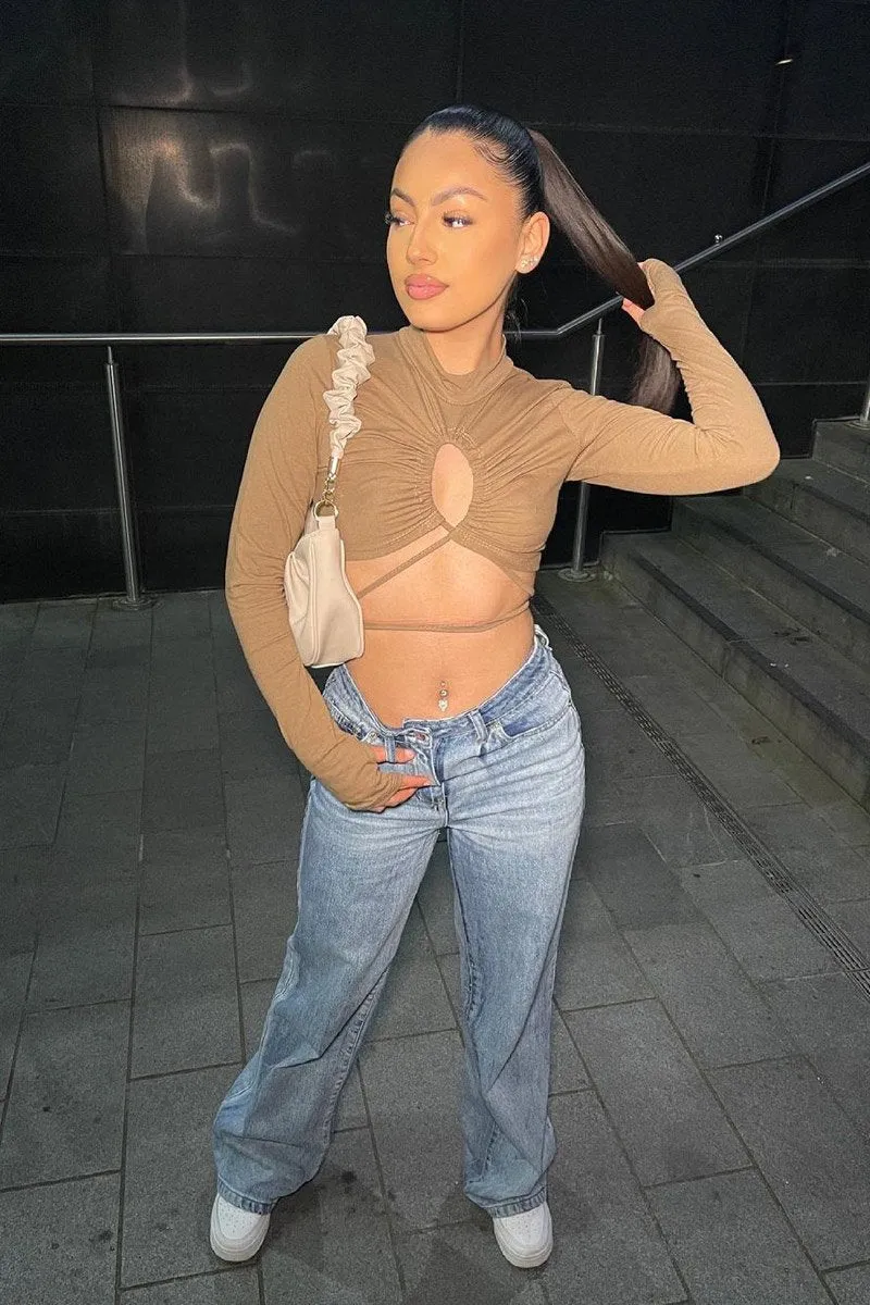 Camel Chest Cut Out High Neck Crop Top - Kara