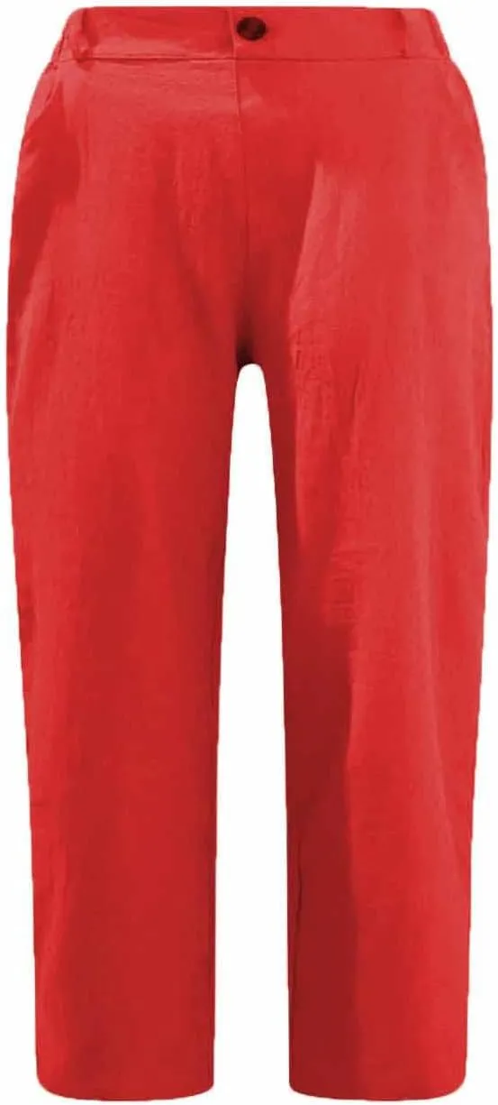 Capri Pants for Women Petite Summer Cotton Linen Pants Loose Comfy Elastic Waist Cropped Trouser Casual Beach Clothes