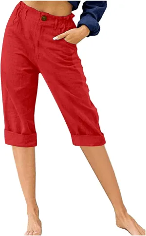 Capri Pants for Women Petite Summer Cotton Linen Pants Loose Comfy Elastic Waist Cropped Trouser Casual Beach Clothes