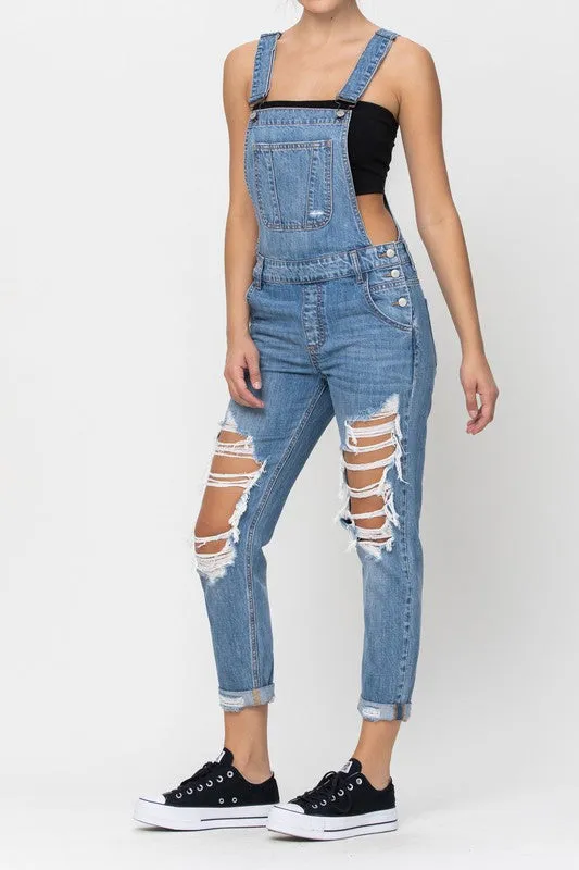 Cello High Rise Distressed Boyfriend Long Overall