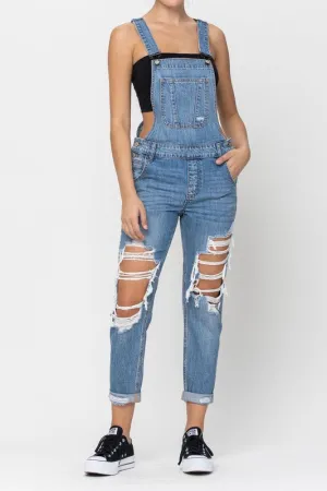Cello High Rise Distressed Boyfriend Long Overall