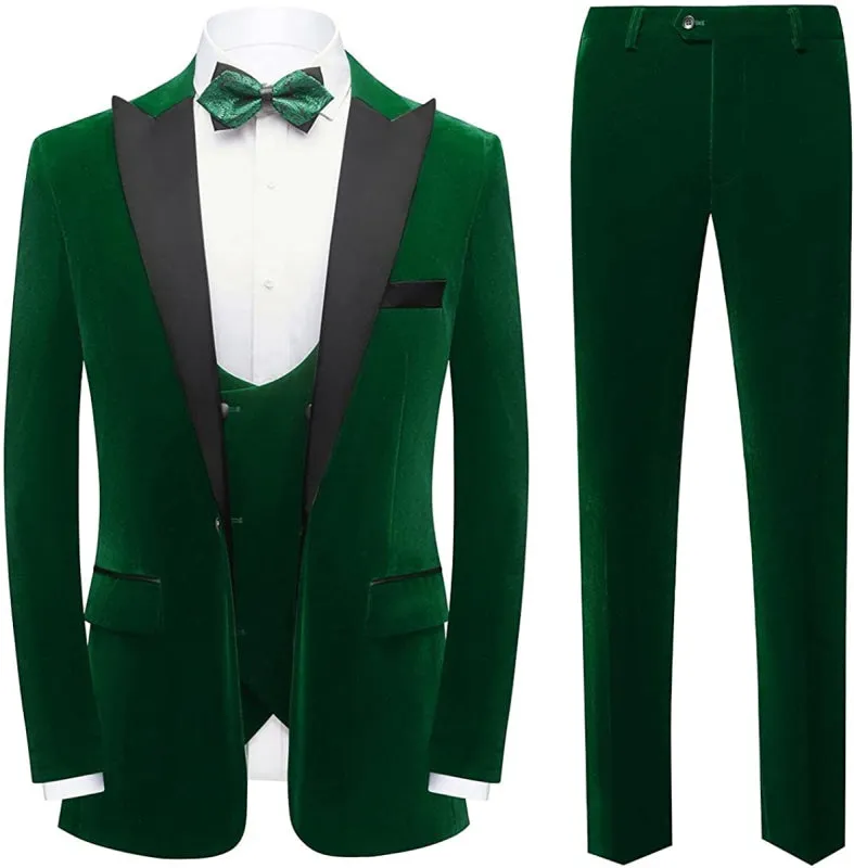 Chic Deep Green Three Pieces Velvet Prom Suits Peaked Lapel Slim Fit Blazers Pants