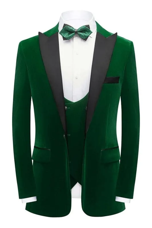 Chic Deep Green Three Pieces Velvet Prom Suits Peaked Lapel Slim Fit Blazers Pants