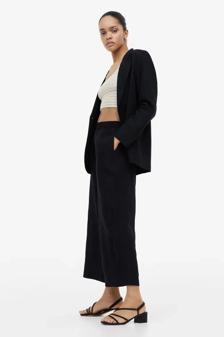 H&M linen blend cropped trousers, black