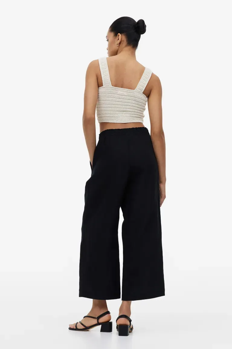 H&M linen blend cropped trousers, black