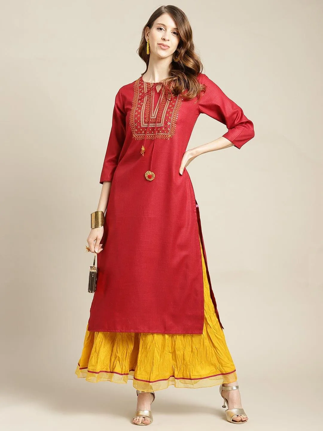 KSUT Maroon Ethnic Motifs Embroidered Layered Pure Cotton Kurti with Sharara & With Dupatta