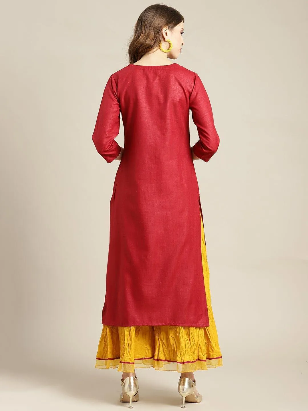 KSUT Maroon Ethnic Motifs Embroidered Layered Pure Cotton Kurti with Sharara & With Dupatta