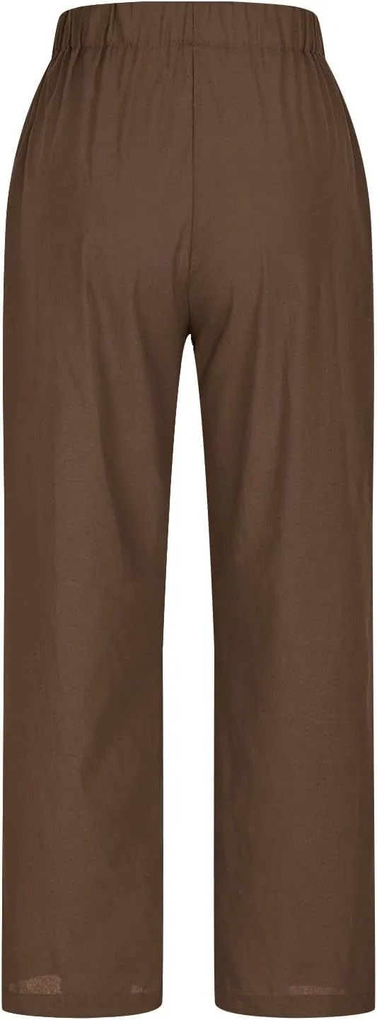 Linen Pants for Women Solid Color Straight Elastic Pant Long Drawstring Waist Cotton Casual Slit Plus Size Trousers