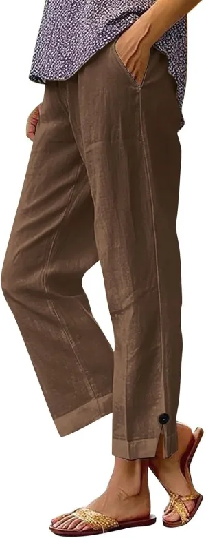 Linen Pants for Women Solid Color Straight Elastic Pant Long Drawstring Waist Cotton Casual Slit Plus Size Trousers