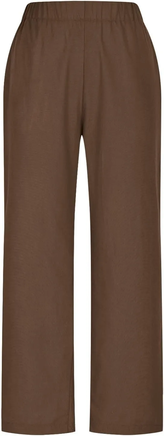 Linen Pants for Women Solid Color Straight Elastic Pant Long Drawstring Waist Cotton Casual Slit Plus Size Trousers