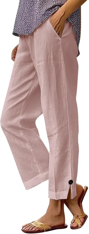 Linen Pants for Women Solid Color Straight Elastic Pant Long Drawstring Waist Cotton Casual Slit Plus Size Trousers