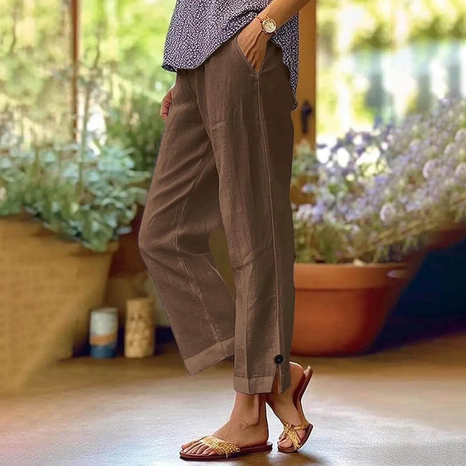 Linen Pants for Women Solid Color Straight Elastic Pant Long Drawstring Waist Cotton Casual Slit Plus Size Trousers