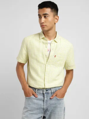Men's Checkered Spread Collar Linen Shirt Green