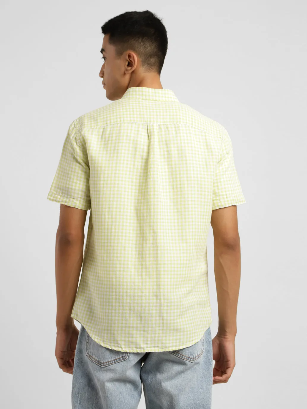 Men's Checkered Spread Collar Linen Shirt Green