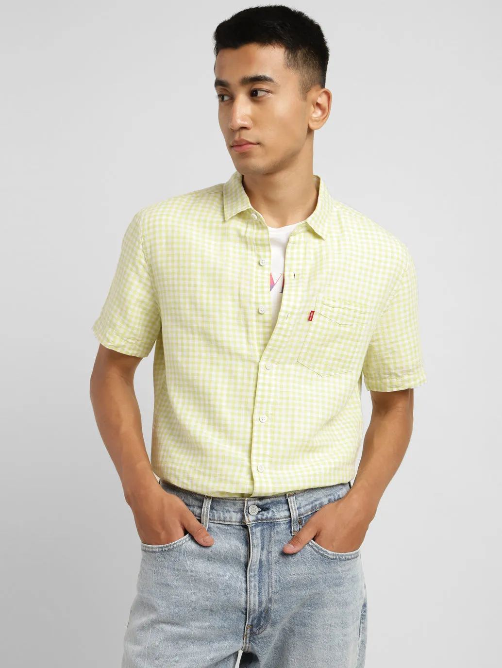 Men's Checkered Spread Collar Linen Shirt Green