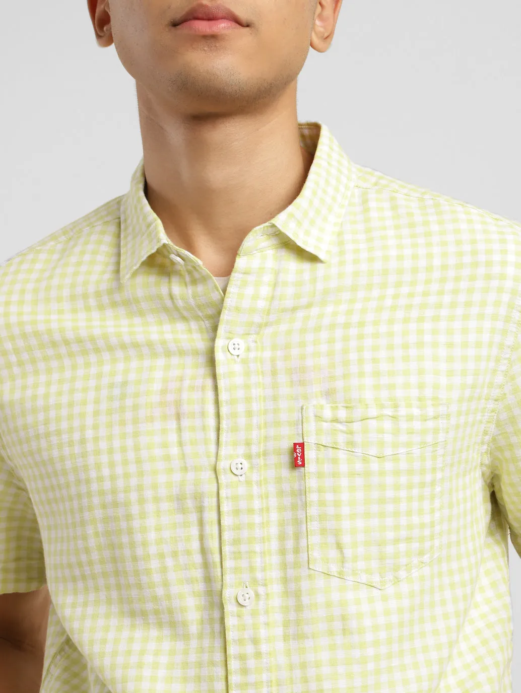 Men's Checkered Spread Collar Linen Shirt Green