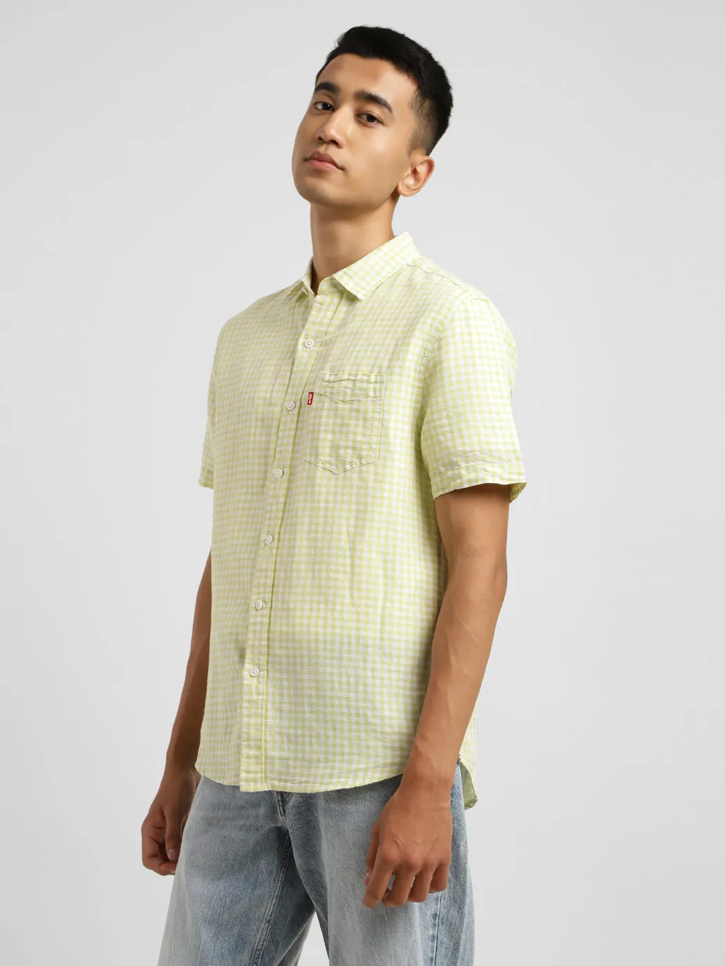 Men's Checkered Spread Collar Linen Shirt Green