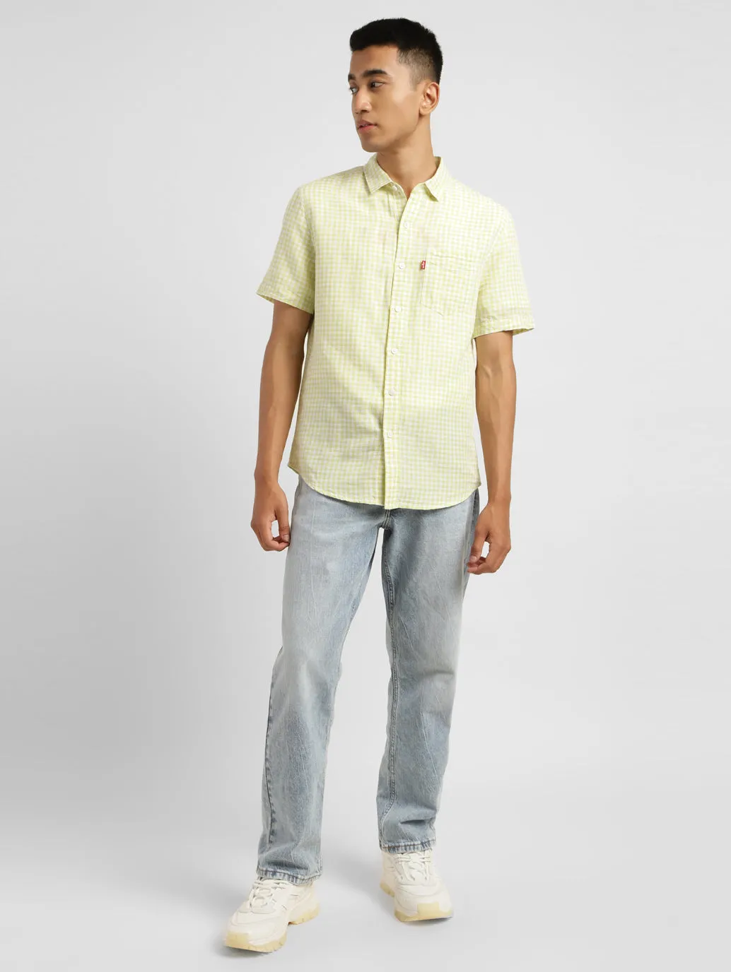 Men's Checkered Spread Collar Linen Shirt Green