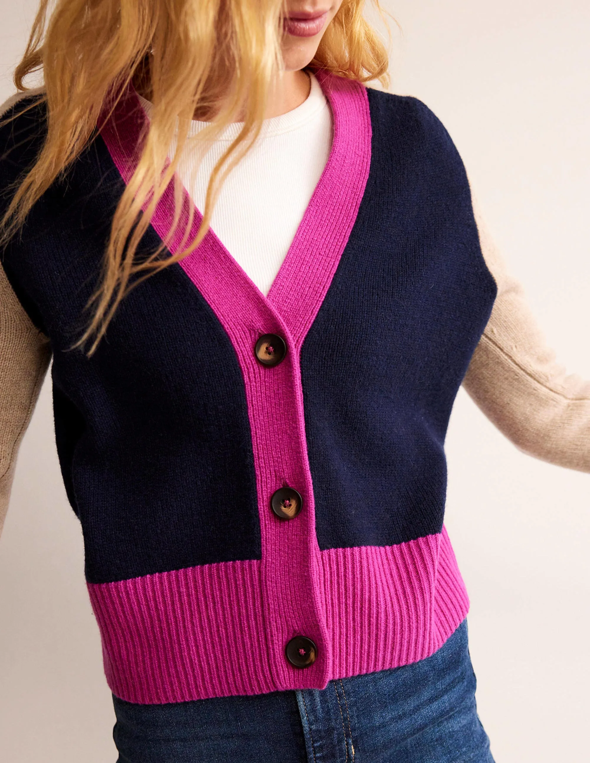 Olivia Merino Cardigan-French Navy Colourblock