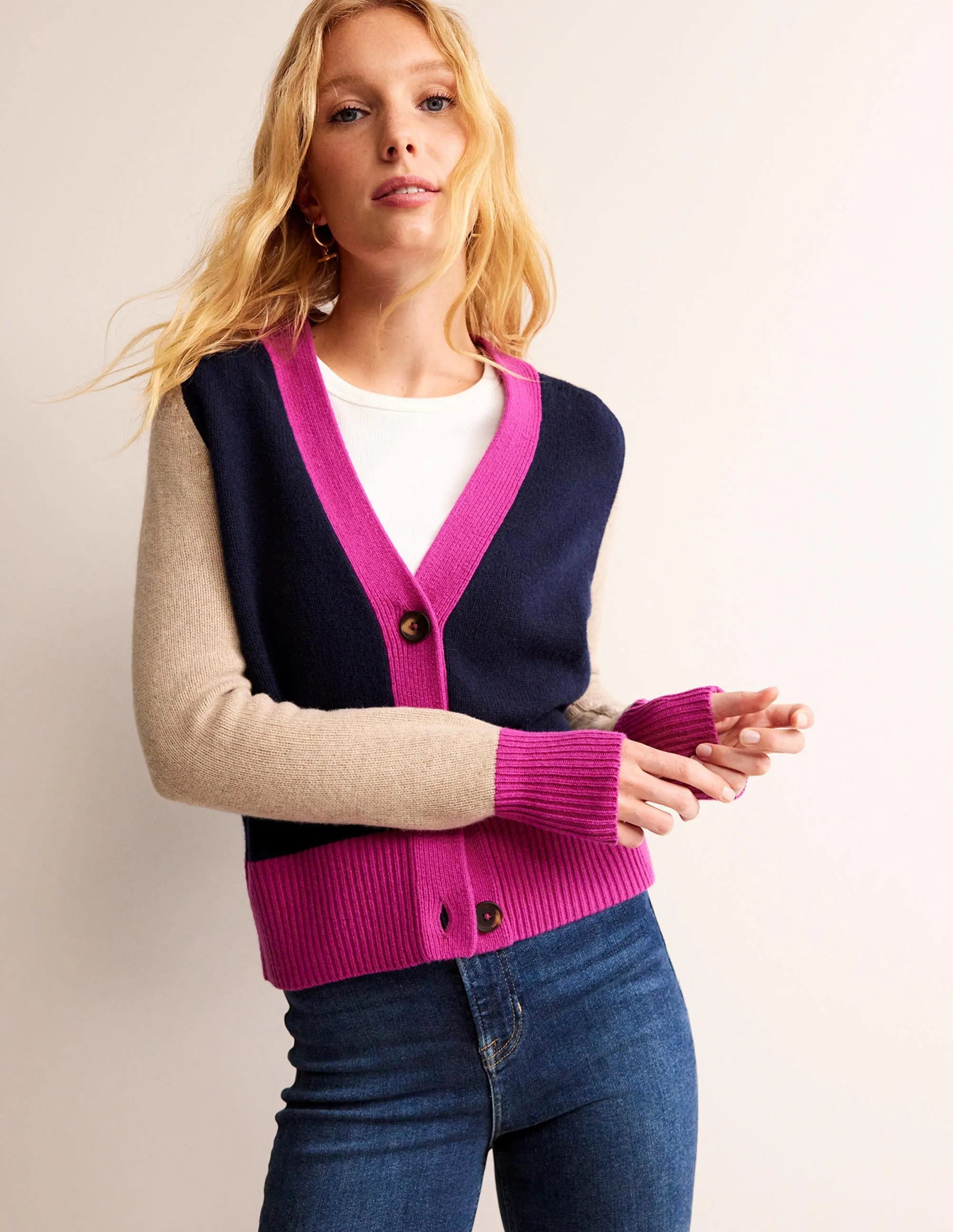 Olivia Merino Cardigan-French Navy Colourblock