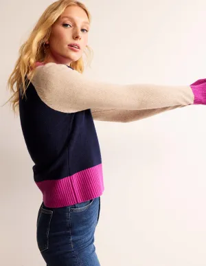 Olivia Merino Cardigan-French Navy Colourblock