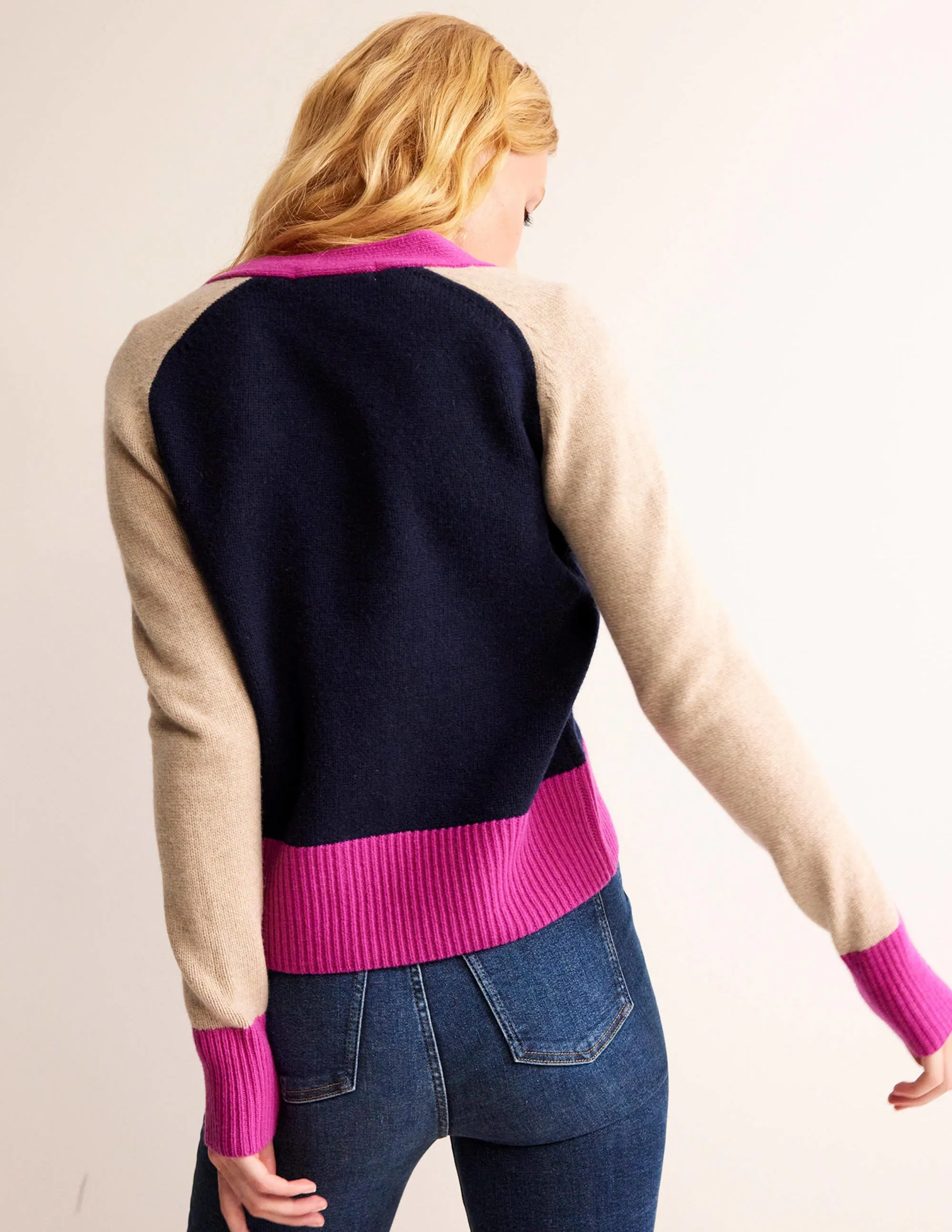 Olivia Merino Cardigan-French Navy Colourblock