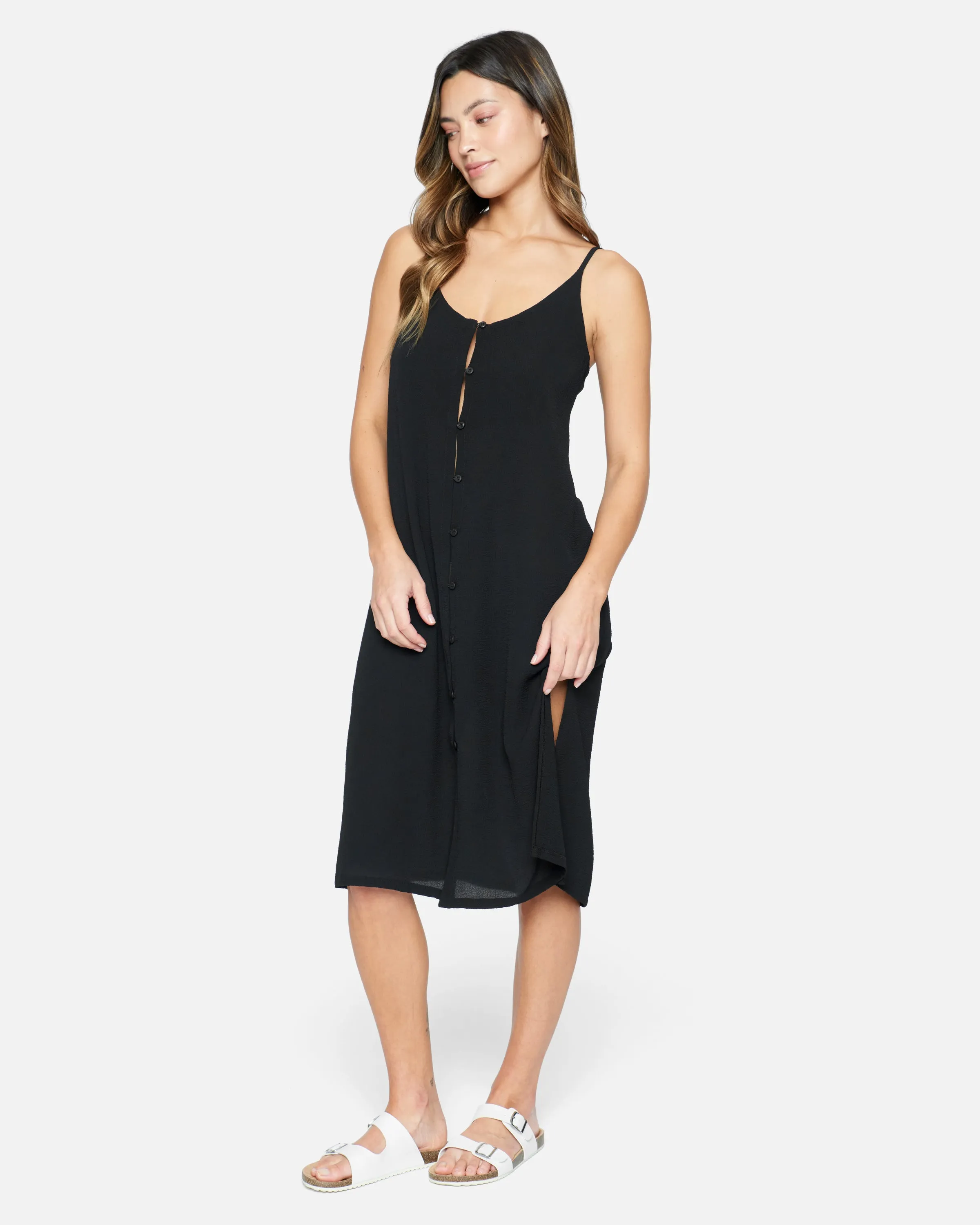 Solid Button Front Midi Dress