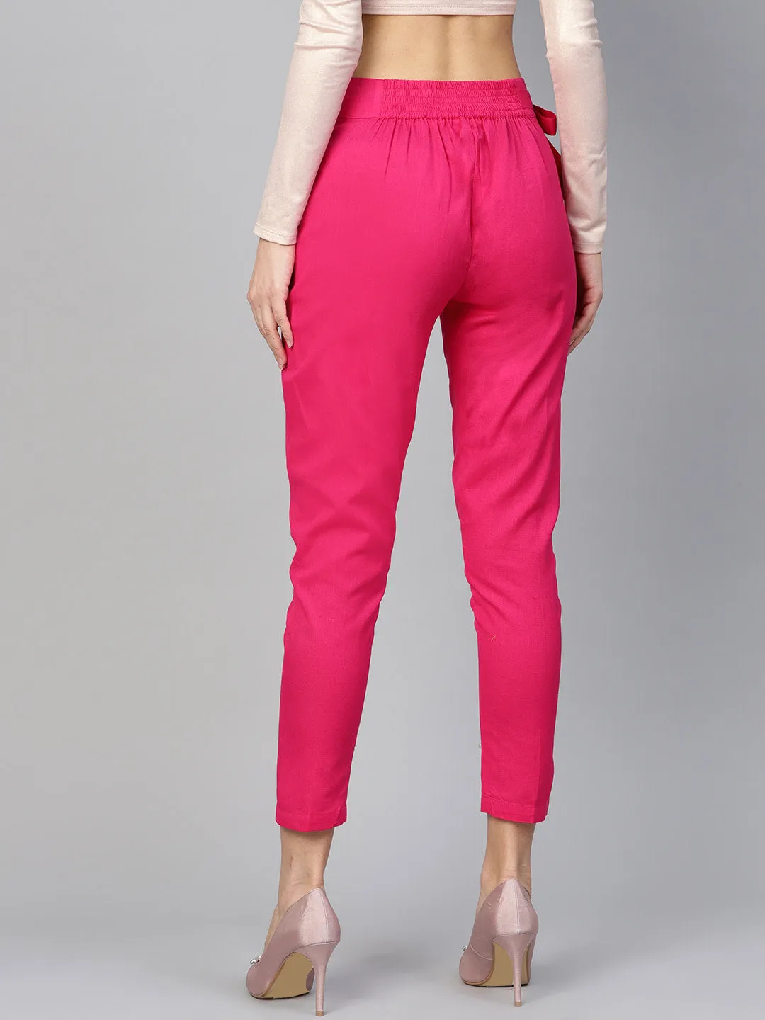 Women Magenta Solid High-Rise Cropped Trousers
