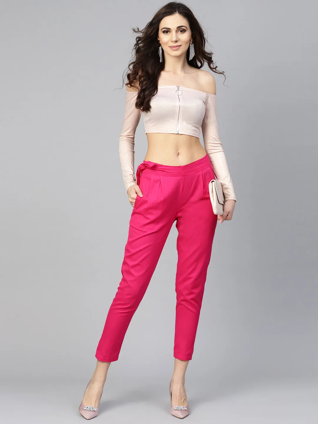 Women Magenta Solid High-Rise Cropped Trousers