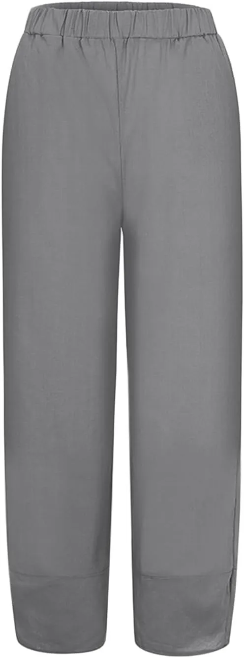Women Summer Casual Capris Linen Cotton Pants Brethable Wide Leg Elastic Waist Baggy Palazzo Cropped Trousers with Pockets