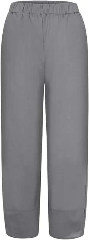 Women Summer Casual Capris Linen Cotton Pants Brethable Wide Leg Elastic Waist Baggy Palazzo Cropped Trousers with Pockets
