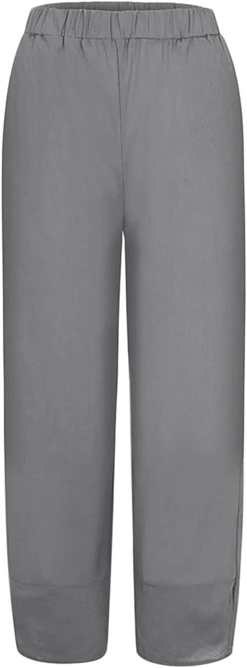Women Summer Casual Capris Linen Cotton Pants Brethable Wide Leg Elastic Waist Baggy Palazzo Cropped Trousers with Pockets