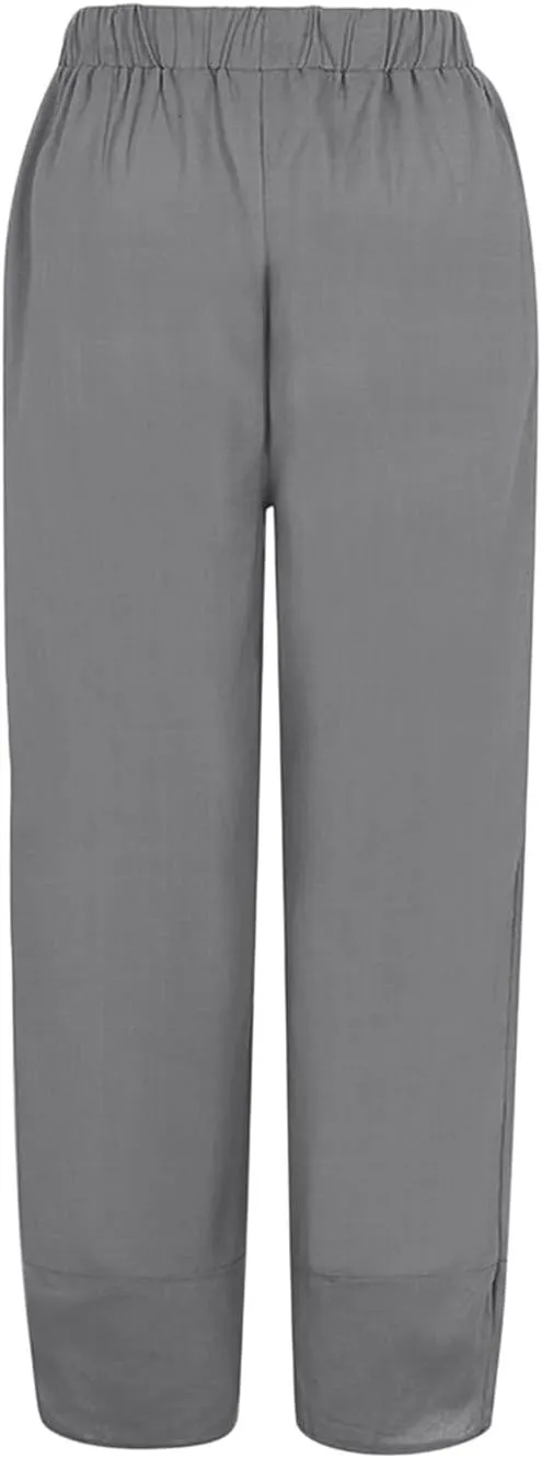 Women Summer Casual Capris Linen Cotton Pants Brethable Wide Leg Elastic Waist Baggy Palazzo Cropped Trousers with Pockets