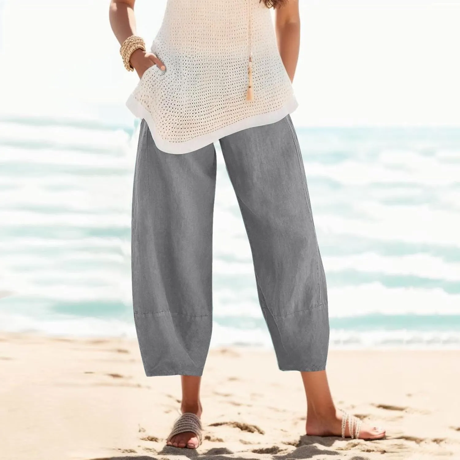 Women Summer Casual Capris Linen Cotton Pants Brethable Wide Leg Elastic Waist Baggy Palazzo Cropped Trousers with Pockets