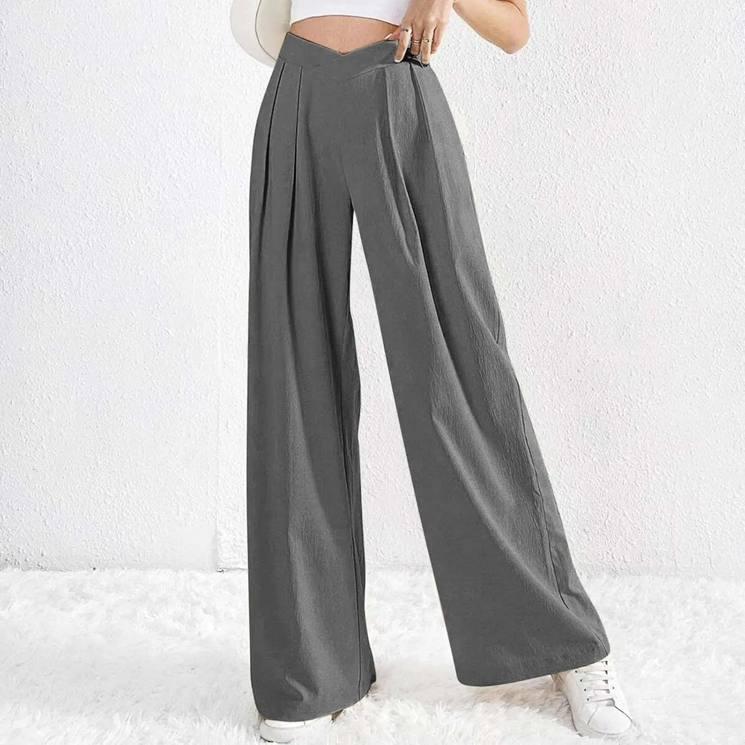 Womens Plus Size Wide Leg Pants Crossover Waist Pleated Front Work Business Casual Pant Lounge Slacks Trouser Pockets