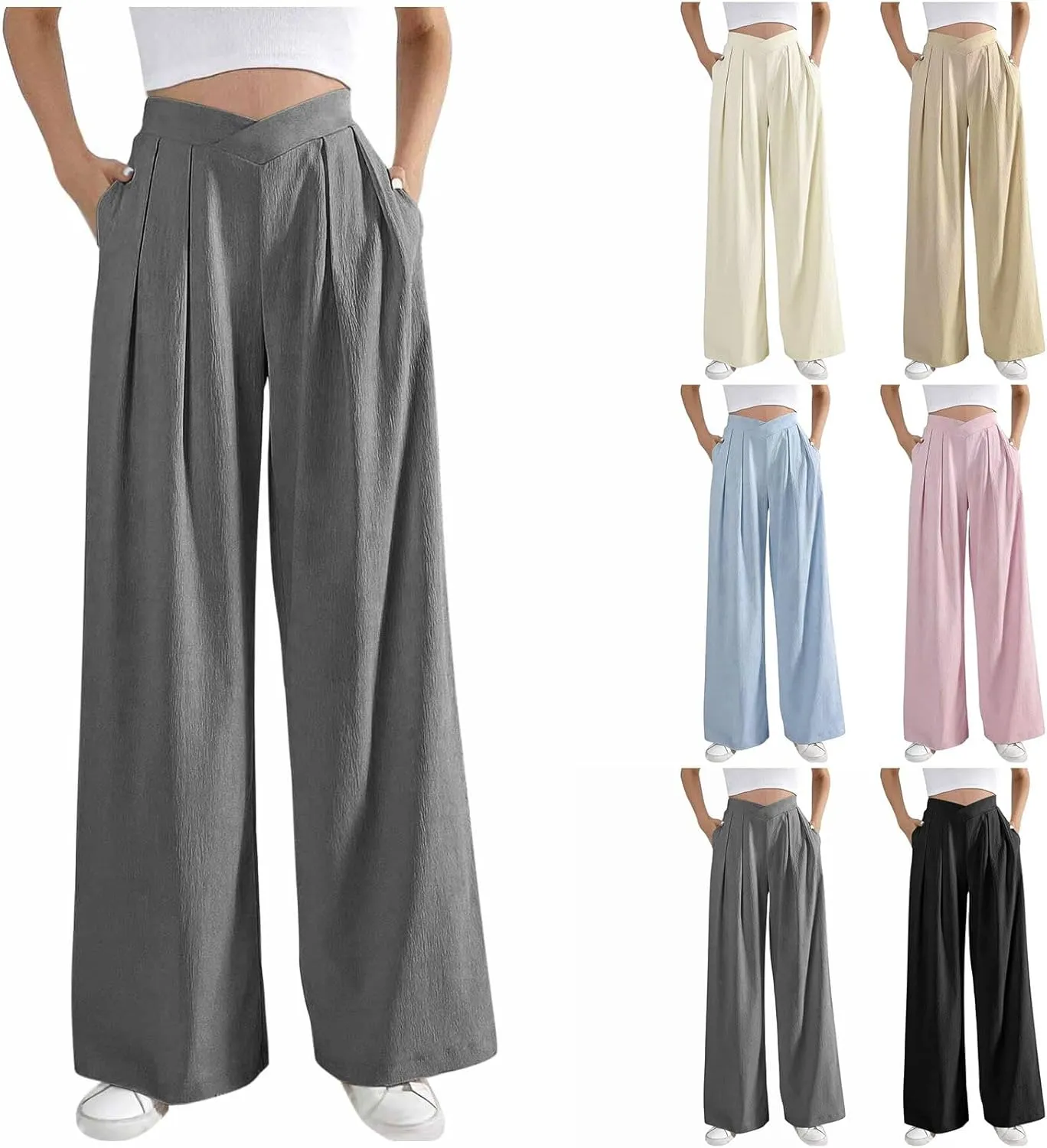 Womens Plus Size Wide Leg Pants Crossover Waist Pleated Front Work Business Casual Pant Lounge Slacks Trouser Pockets