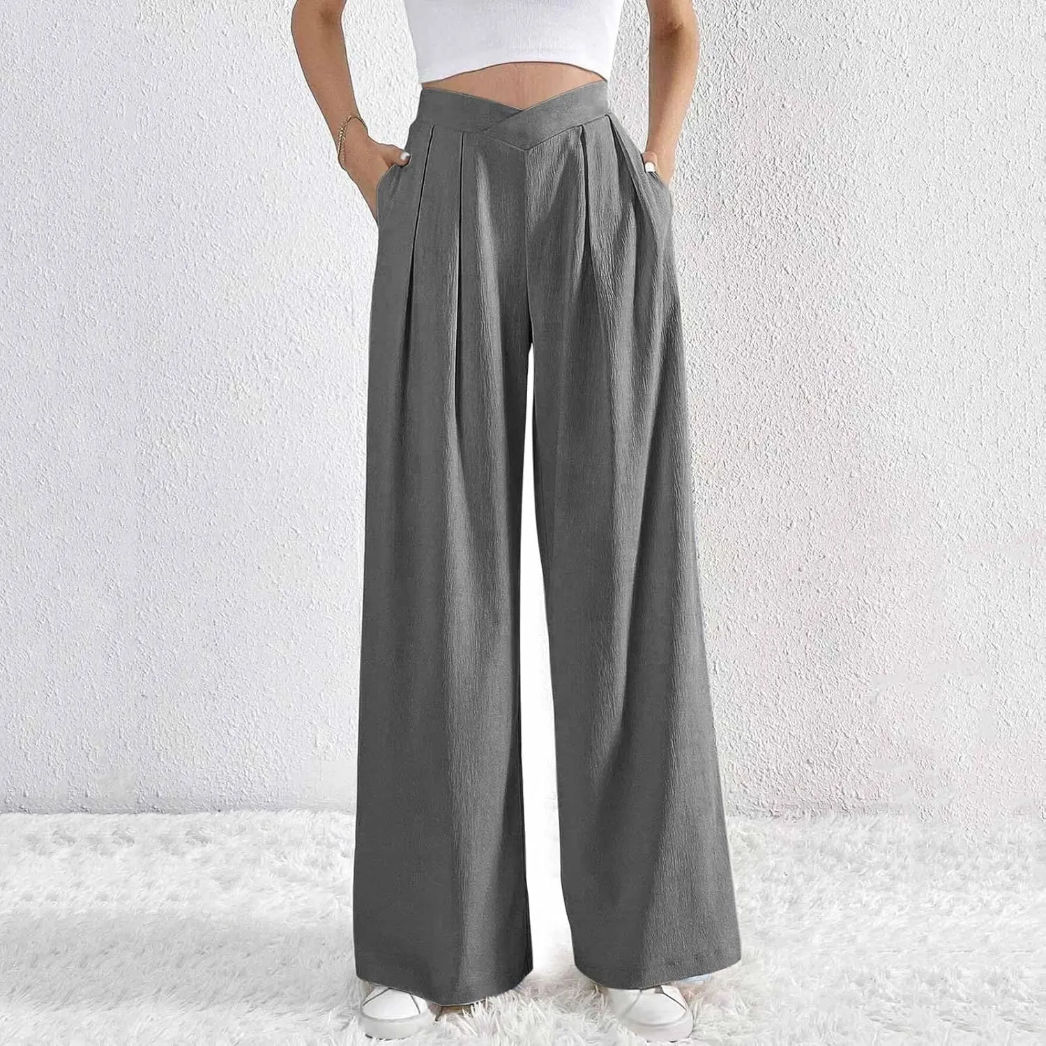 Womens Plus Size Wide Leg Pants Crossover Waist Pleated Front Work Business Casual Pant Lounge Slacks Trouser Pockets