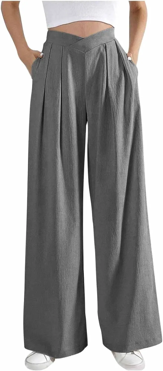 Womens Plus Size Wide Leg Pants Crossover Waist Pleated Front Work Business Casual Pant Lounge Slacks Trouser Pockets