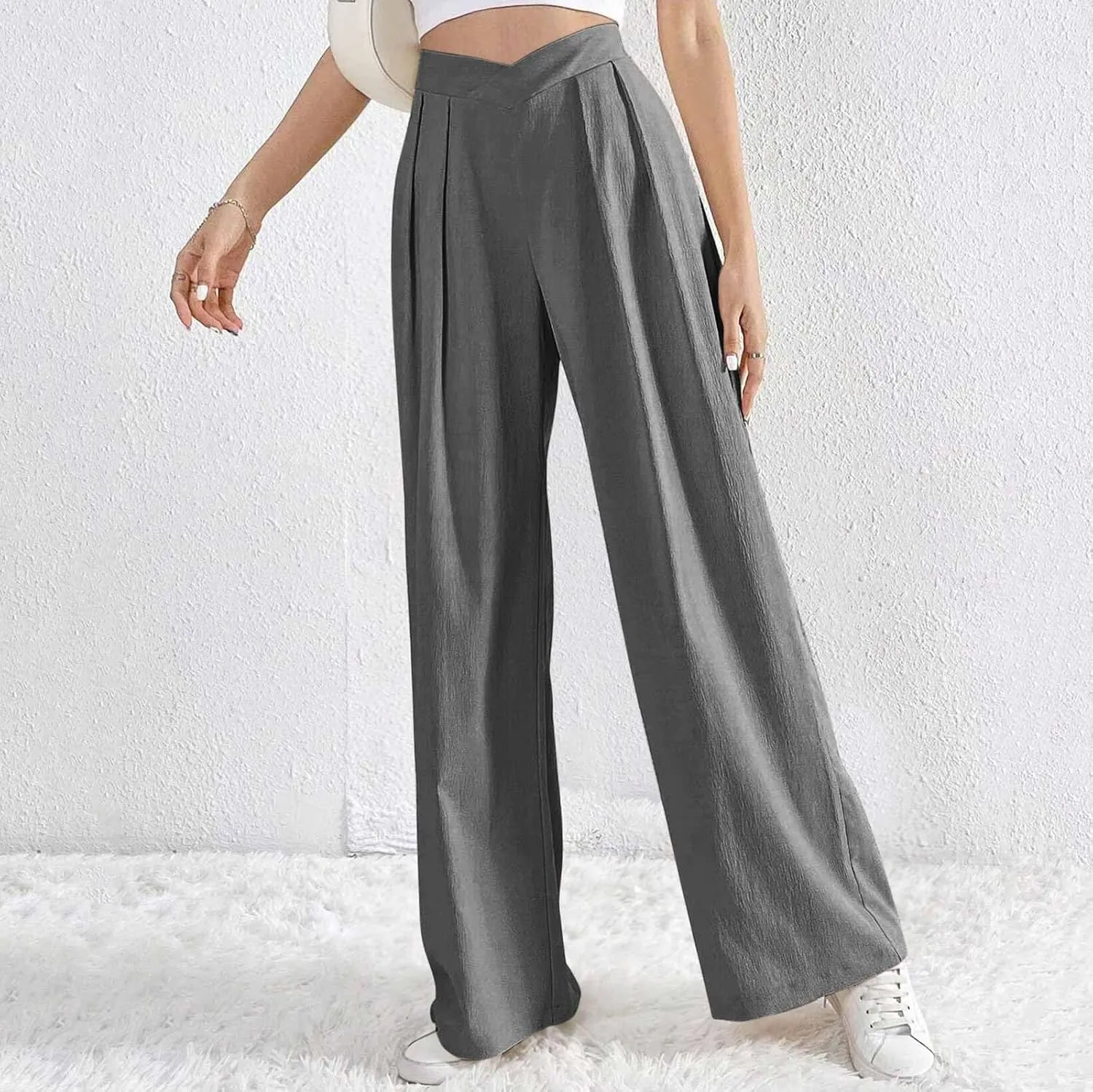 Womens Plus Size Wide Leg Pants Crossover Waist Pleated Front Work Business Casual Pant Lounge Slacks Trouser Pockets